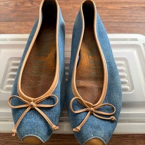 Vintage Sam & Libby Denim Ballet Flats Women’s 7 Blue Tan Trim Leather Sole